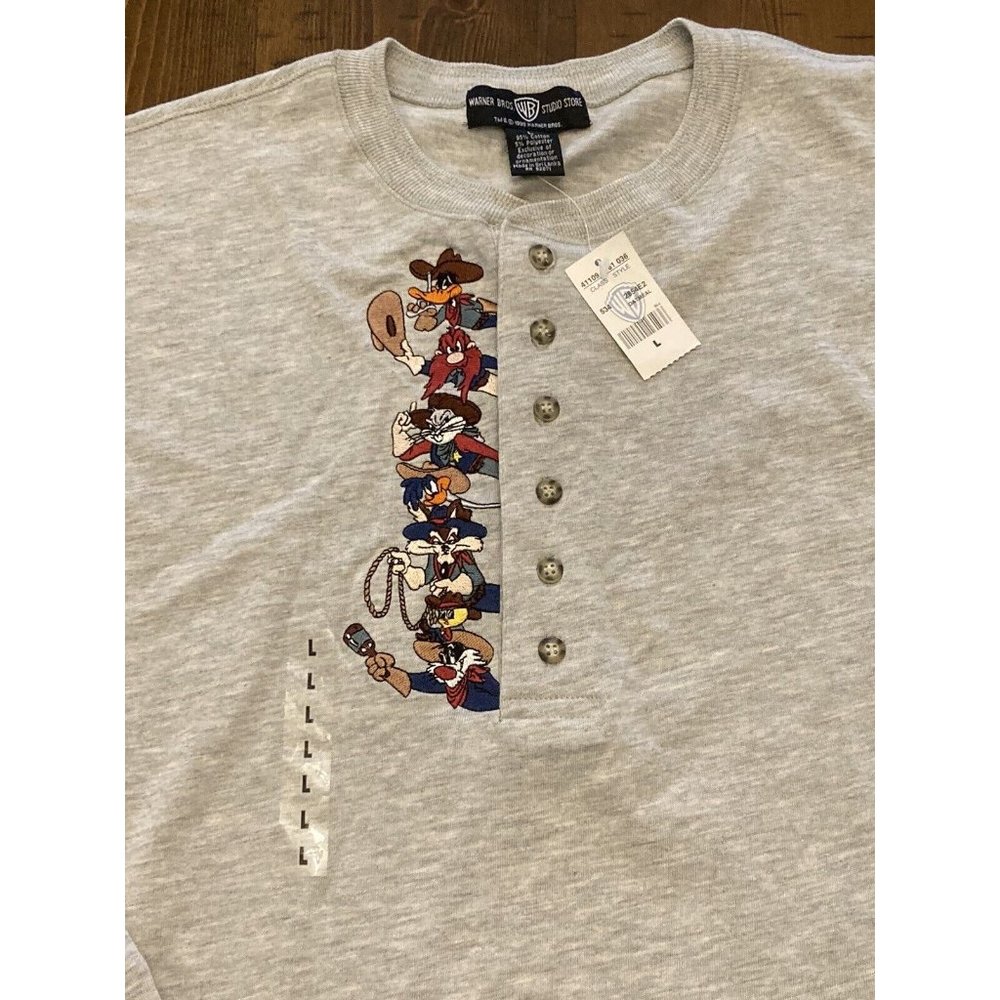 Vintage Men's Warner Bros Looney Tunes Button LS T Shirt Sz L Cowboy Western